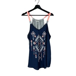 Rewind 1X Navy Blue Geometric‎ Print Tank Top Women's Layered Look Coral Straps